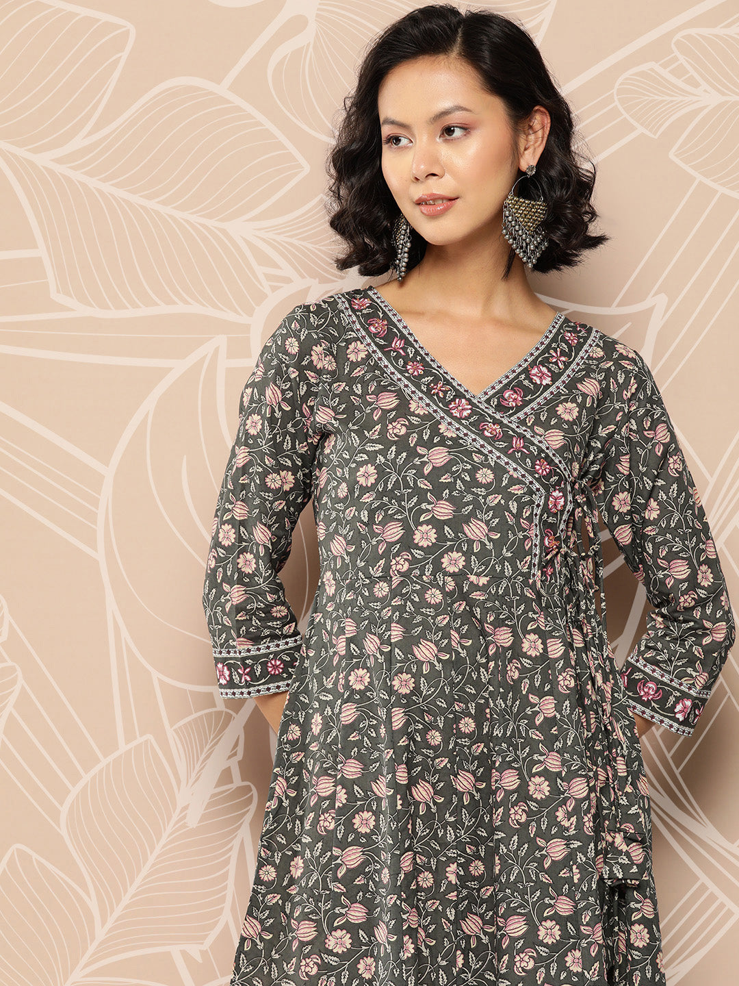 Women's Military Green Floral Angrakha Kurta