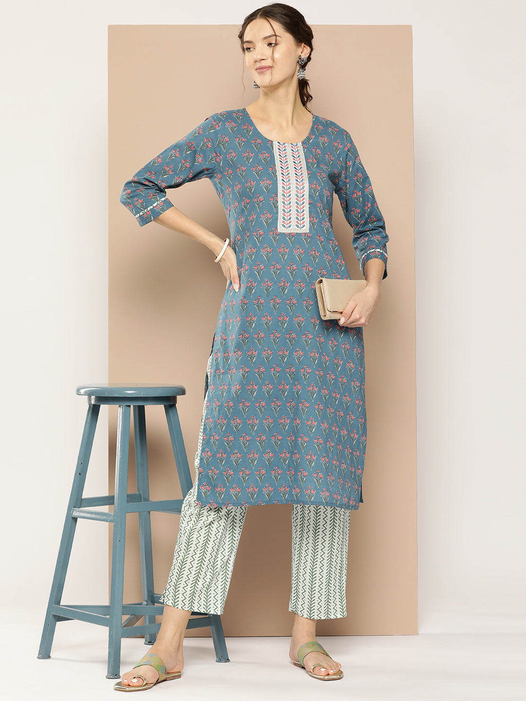 Women's Blue Ethnic Motifs Straight Kurta Trouser Set