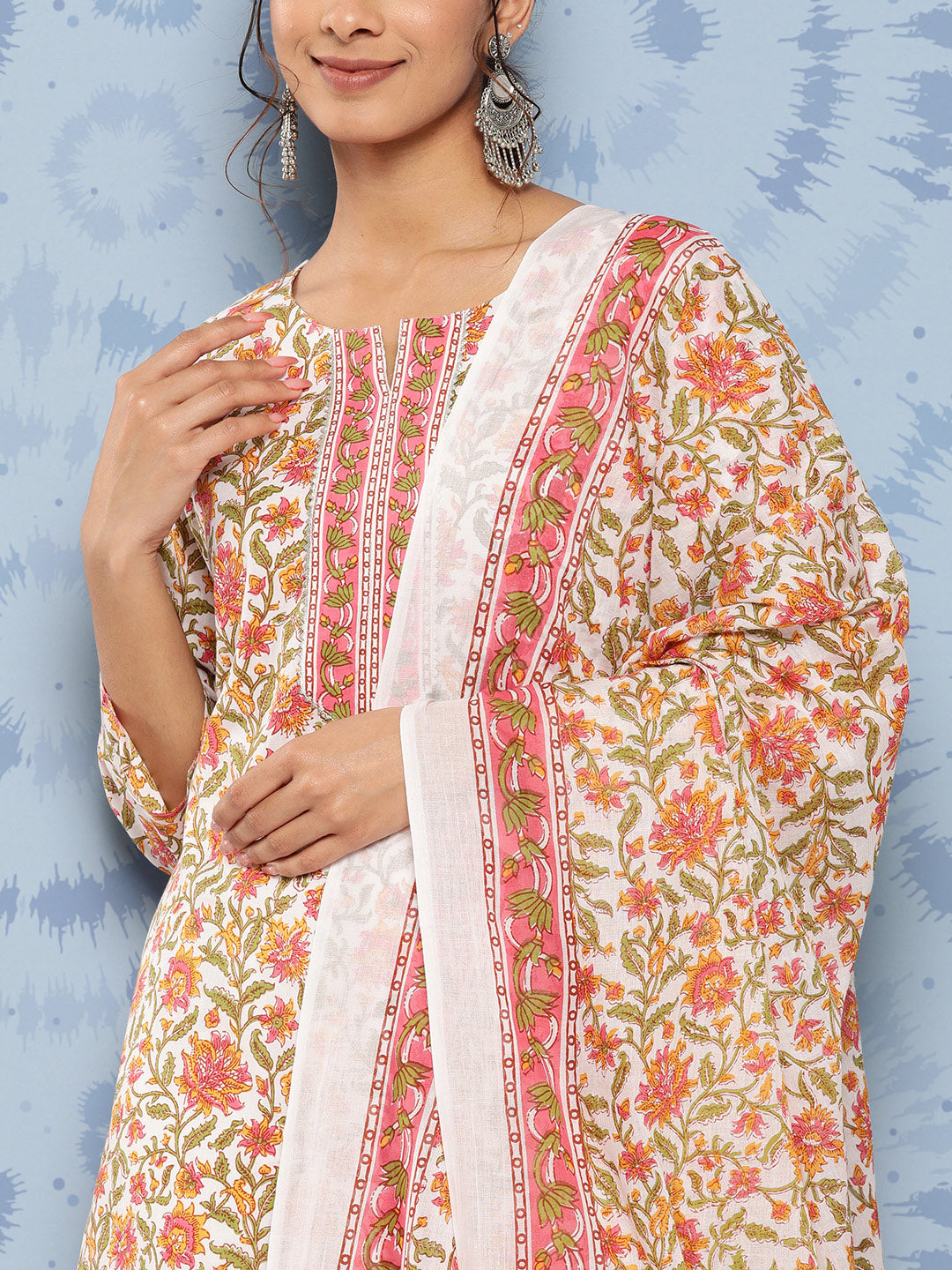 Women's White And Peach Floral Straight Kurta Trouser And Dupatta Set