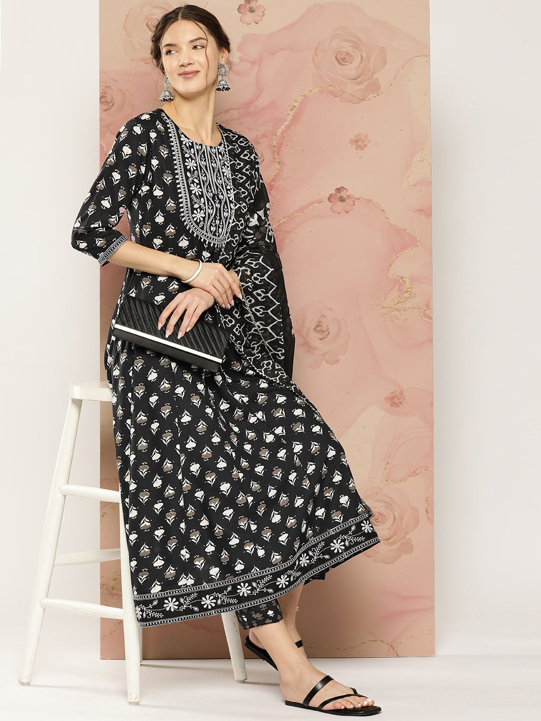 Women's Black Ethnic Motifs Anarkali Kurta Trouser And Dupatta Set