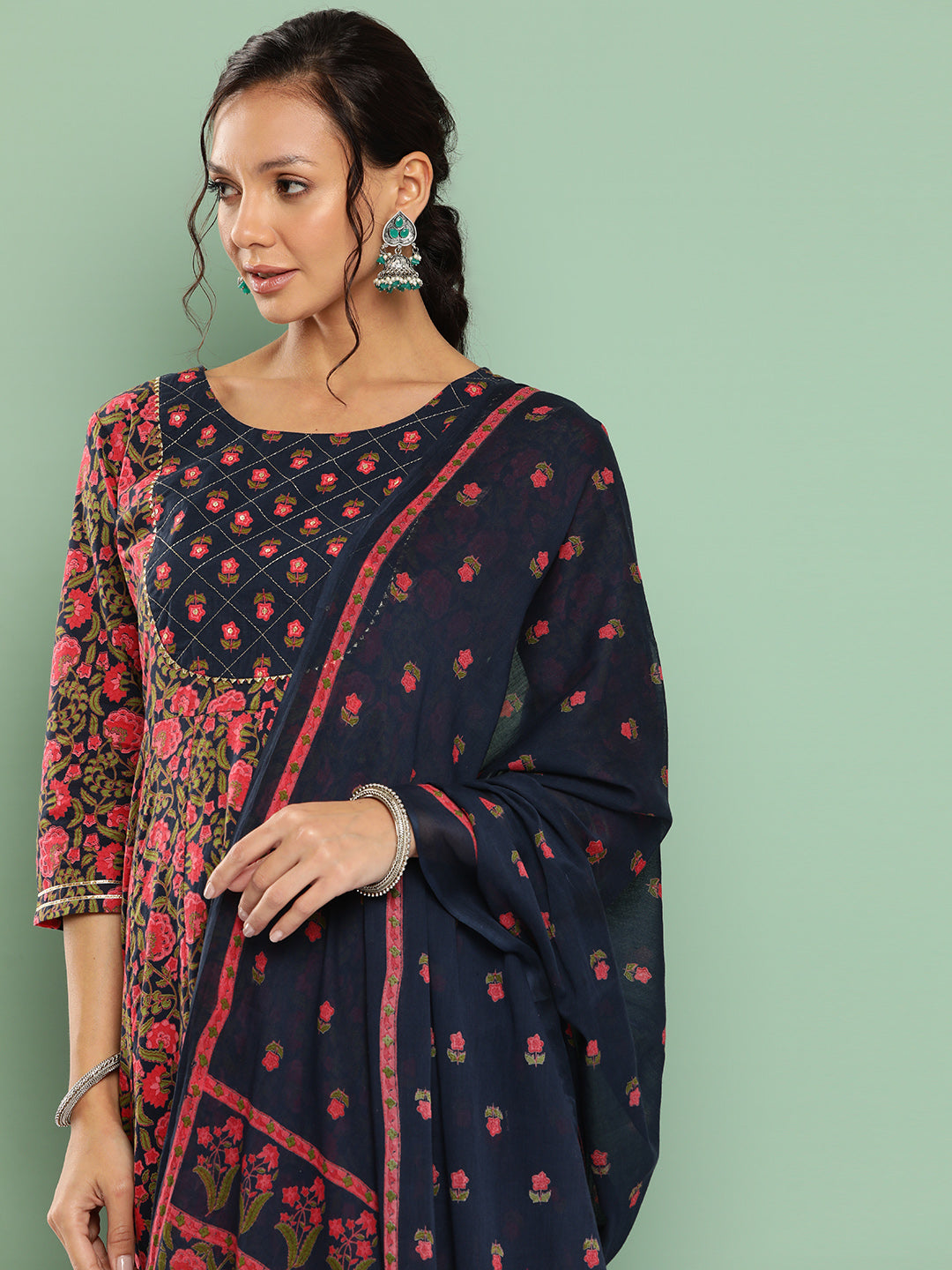 Women's Blue Floral Anarkali Kurta Trouser And Dupatta Set