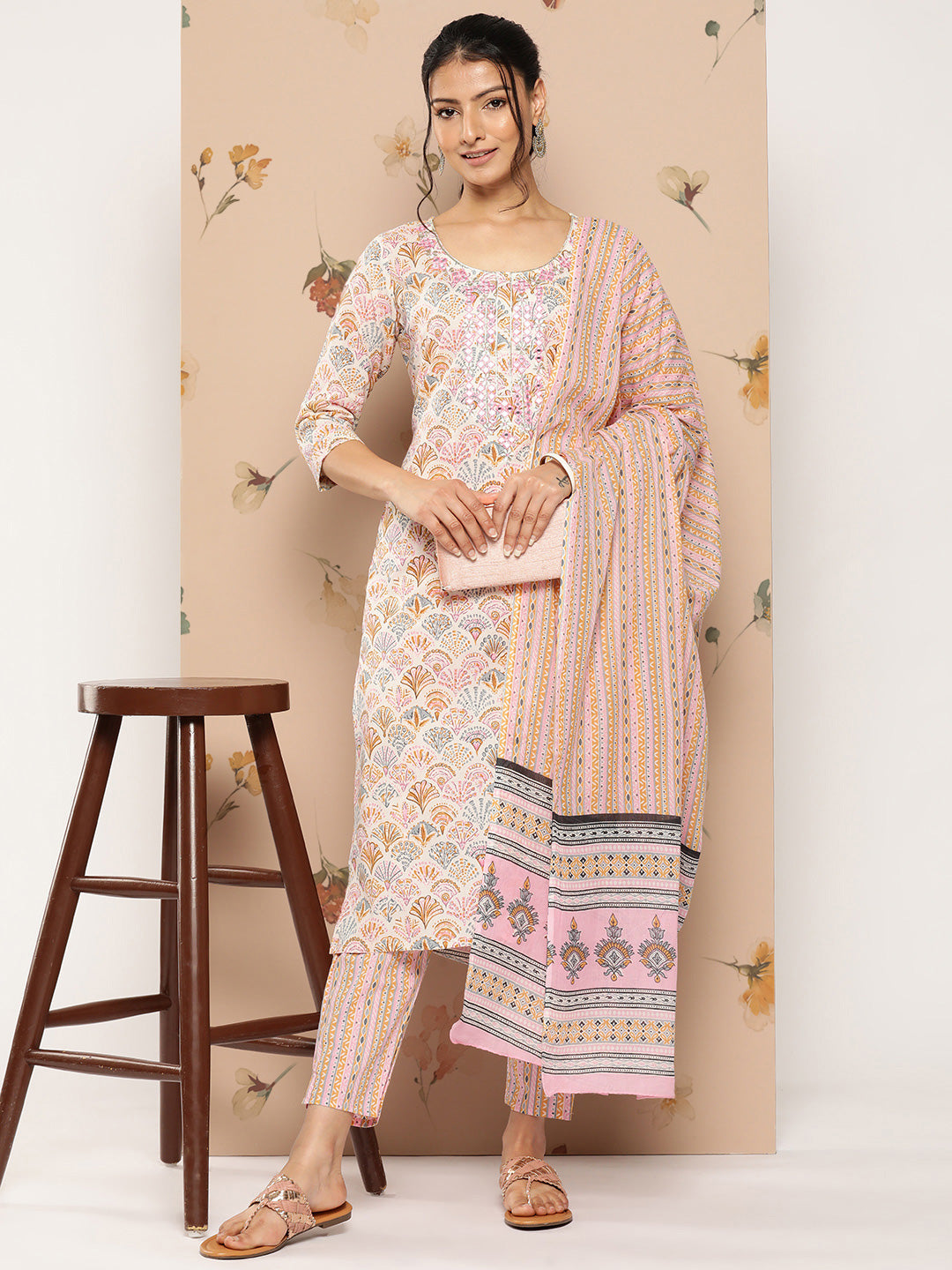 Women's Peach And White Floral Straight Kurta Trouser And Dupatta Set
