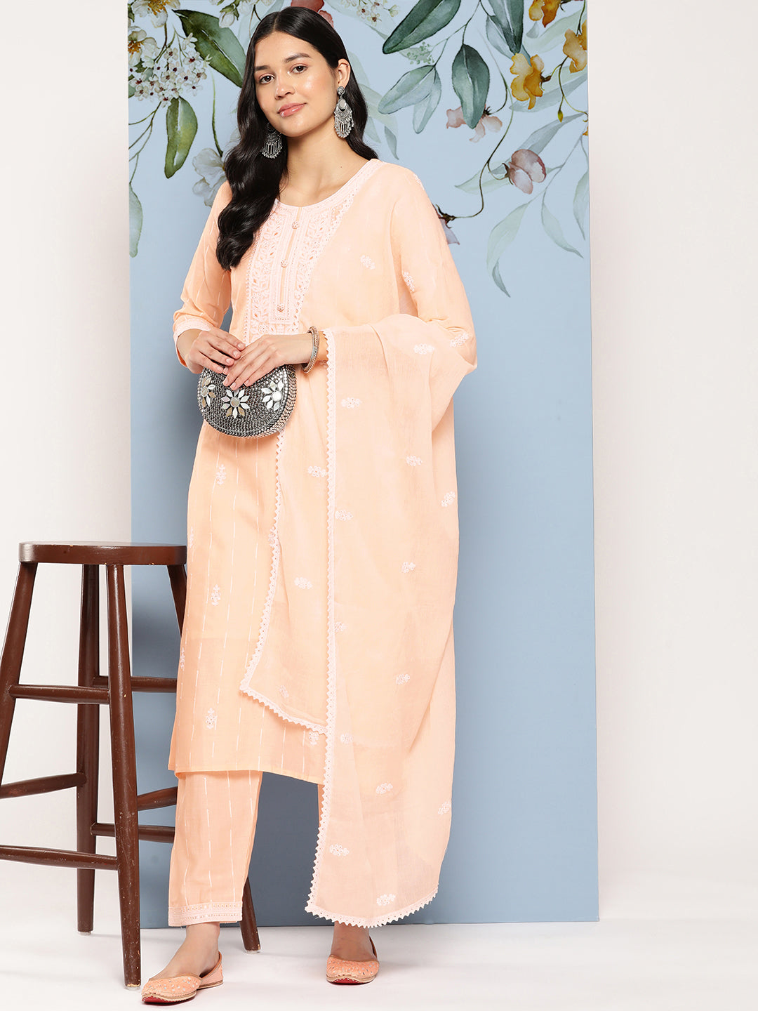 Women's Peach Solid Straight Kurta Trouser And Dupatta Set