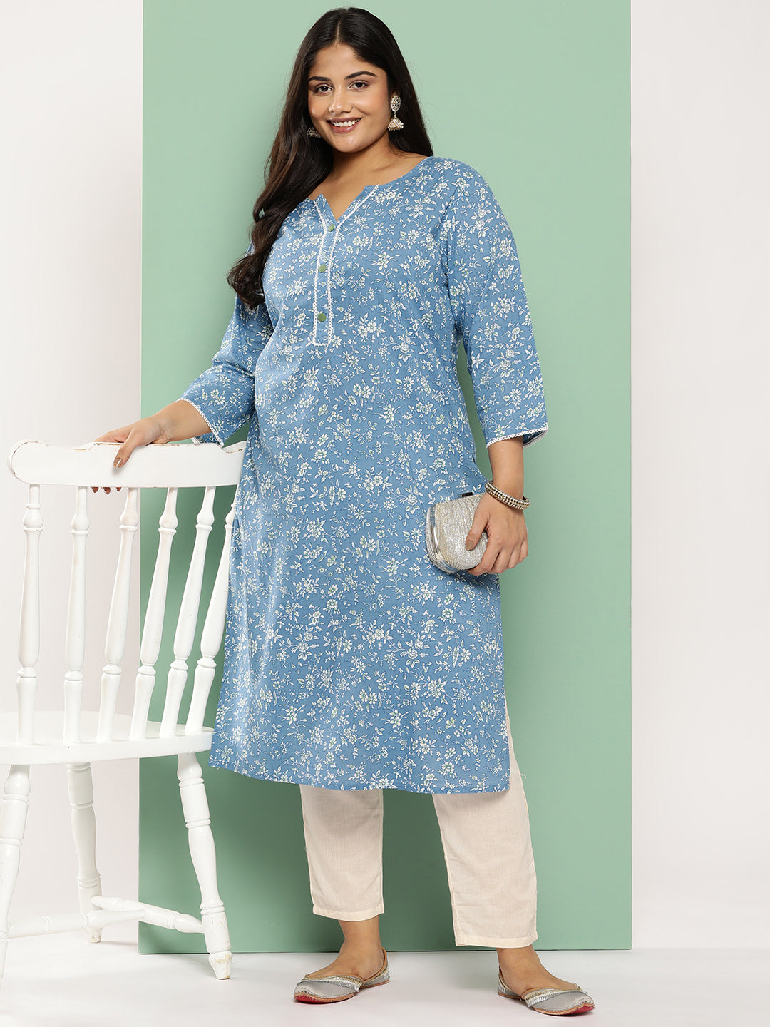 Women's Blue Floral Straight Kurta