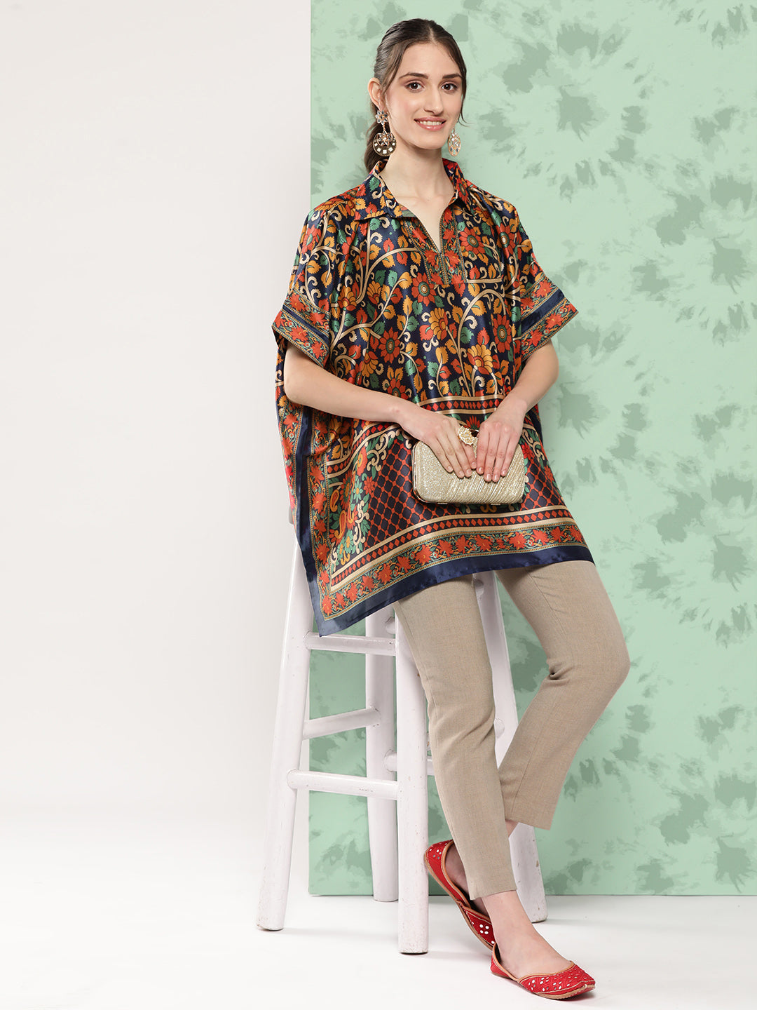Women's Blue Printed Kaftan Top