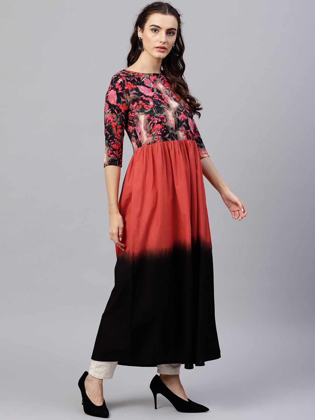 Women's Multi Colored Maxi Kurta With Round Neck And 3/4 Sleeves
