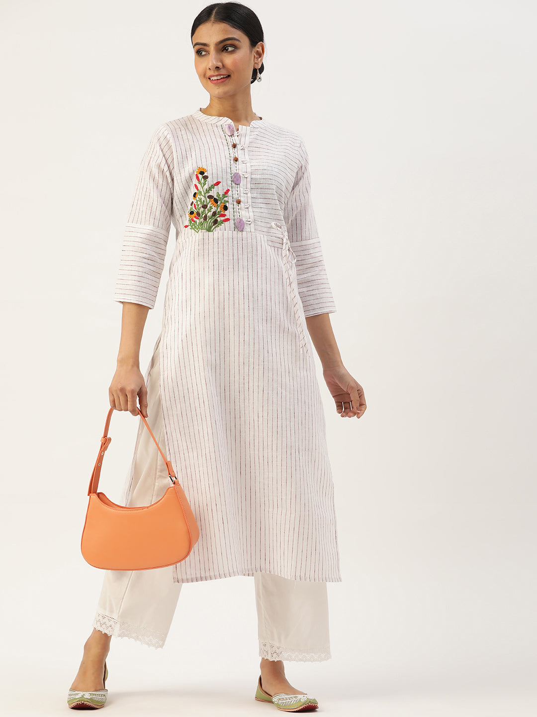 Women's Embroidered Viscose Rayon Straight Kurta (White)