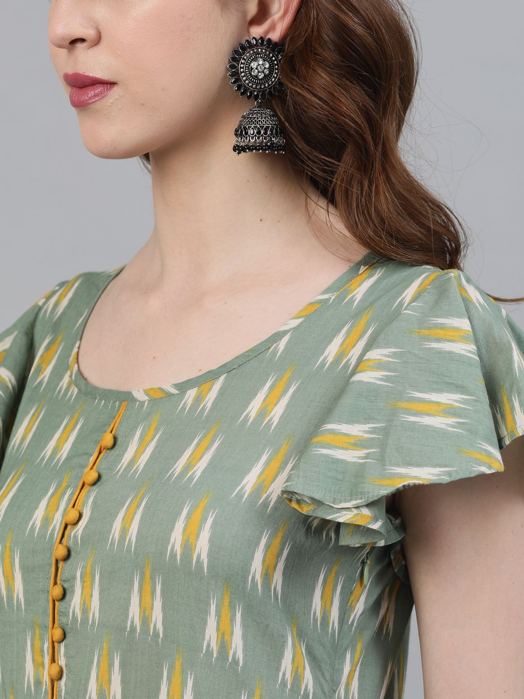 Women's Green Ikat Printed Flared Maxi Dress
