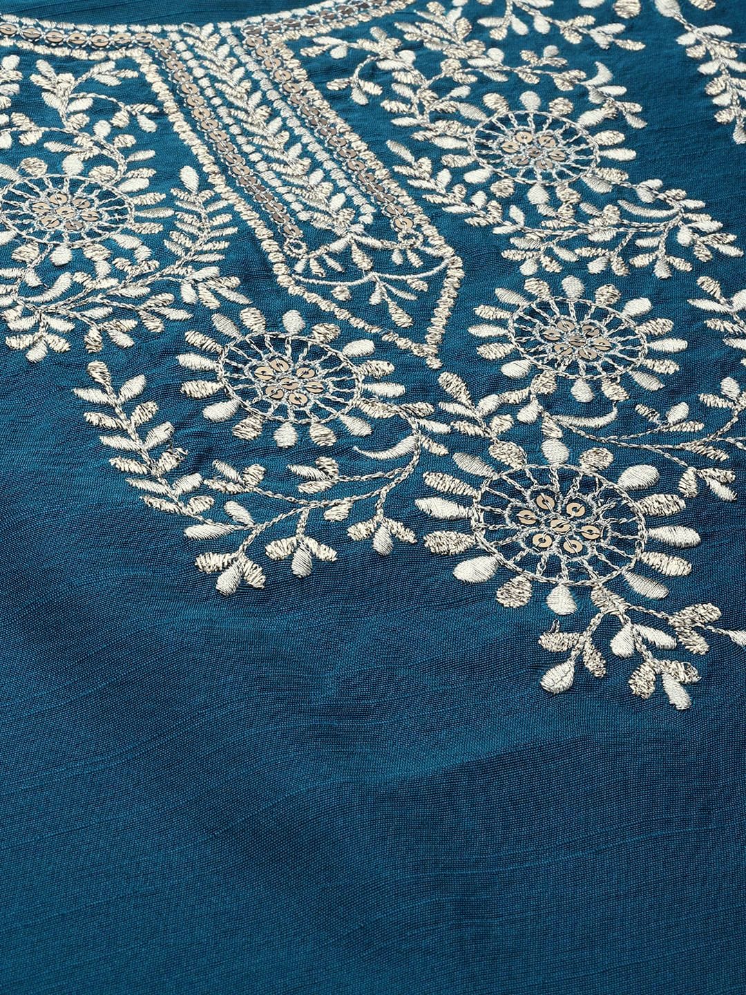 Women's Teal Blue Yoke Design Sequined Kurta With Trousers