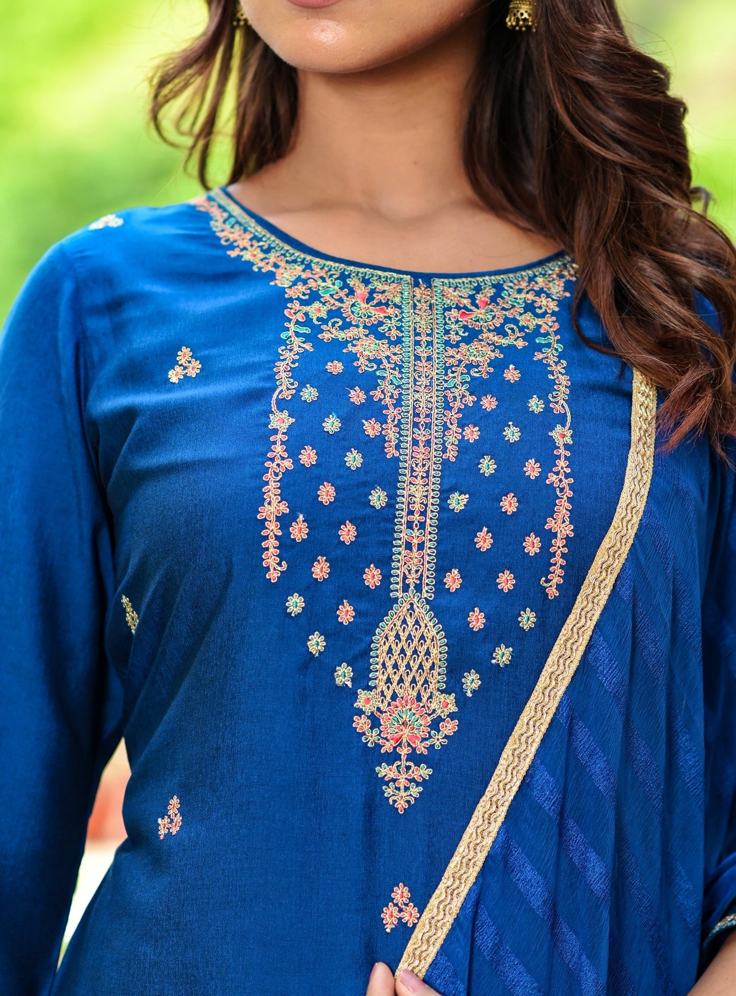 Women's Teal Blue Embroidered Dupatta Set