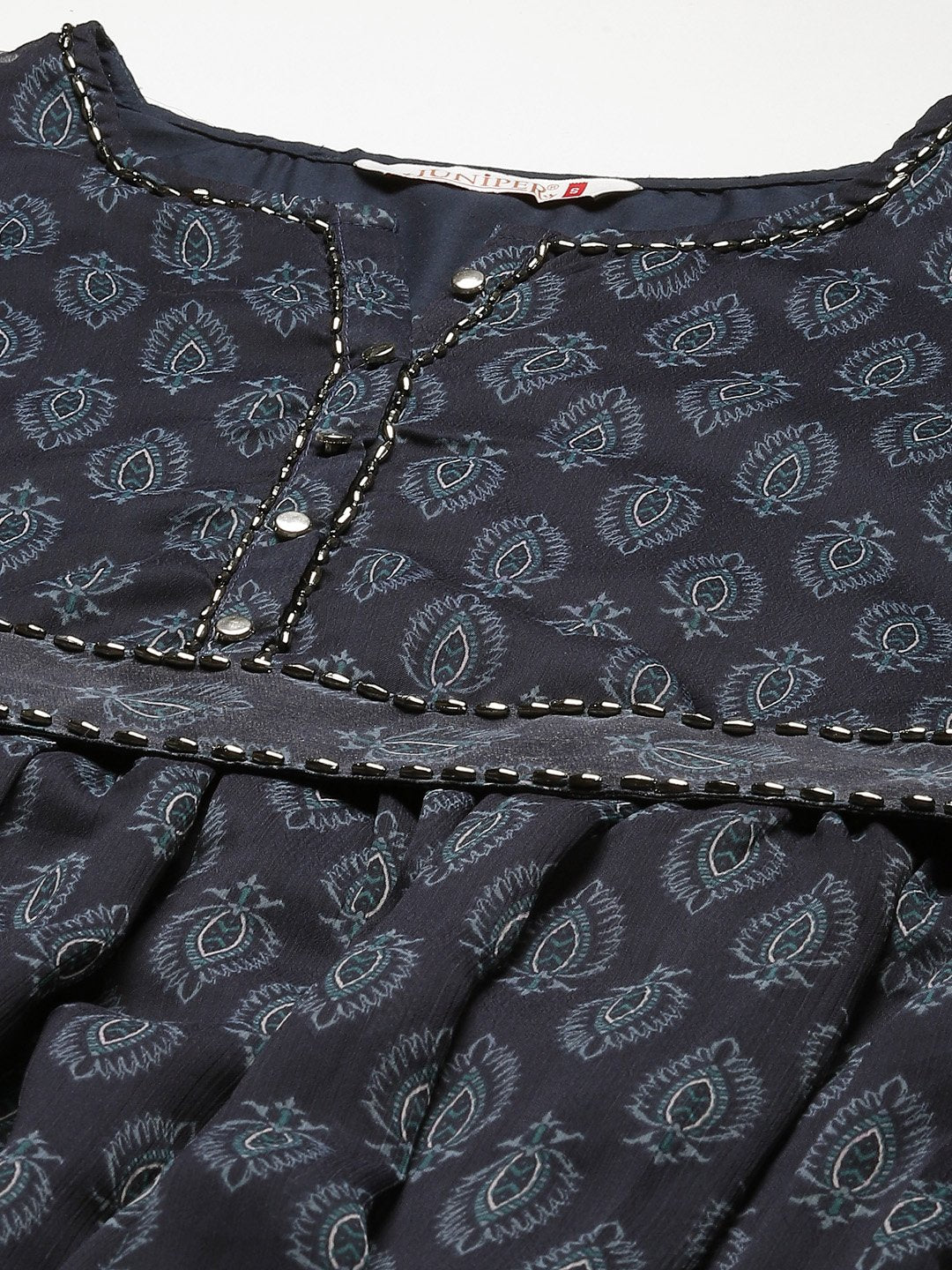 Women's Navy Chiffon Flared Printed Dress With Tie-up Blet