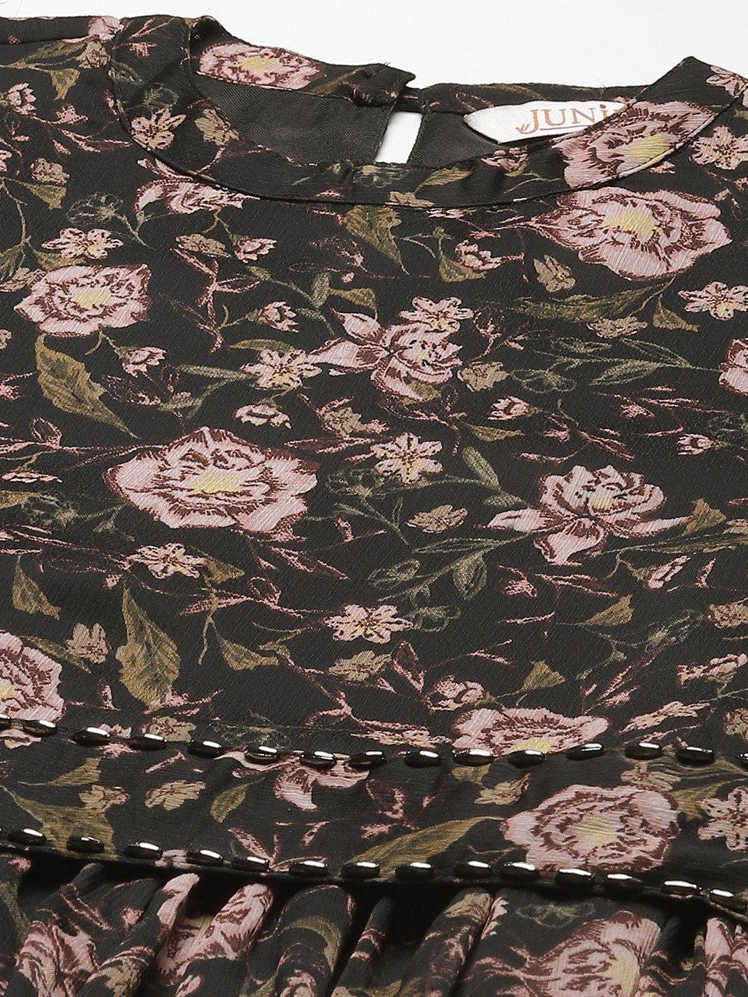 Women's Black Alphin Chiffon Flared Printed Dress With Tie-up Blet