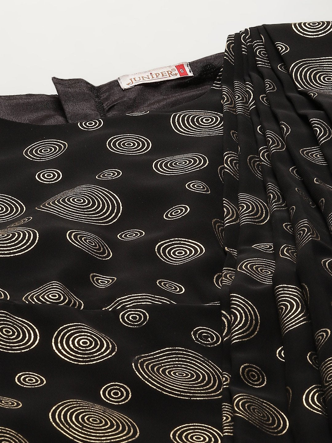 Women's Black Georgette Printed Flared Gown with Drape