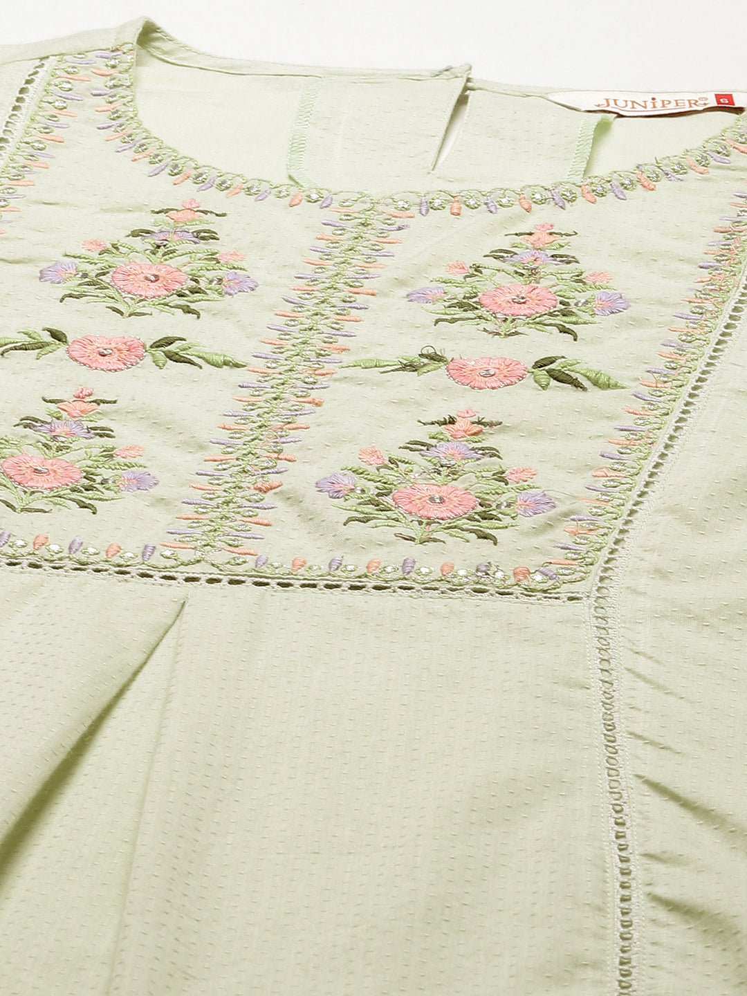 Women's Sagegreen Cotton Dobby Embroidered A-Line Tunic
