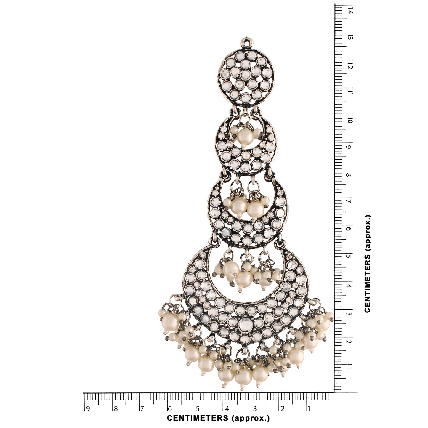 Women's Silver Oxidised Earrings With Hair Chain Encased With Kundans & Pearls