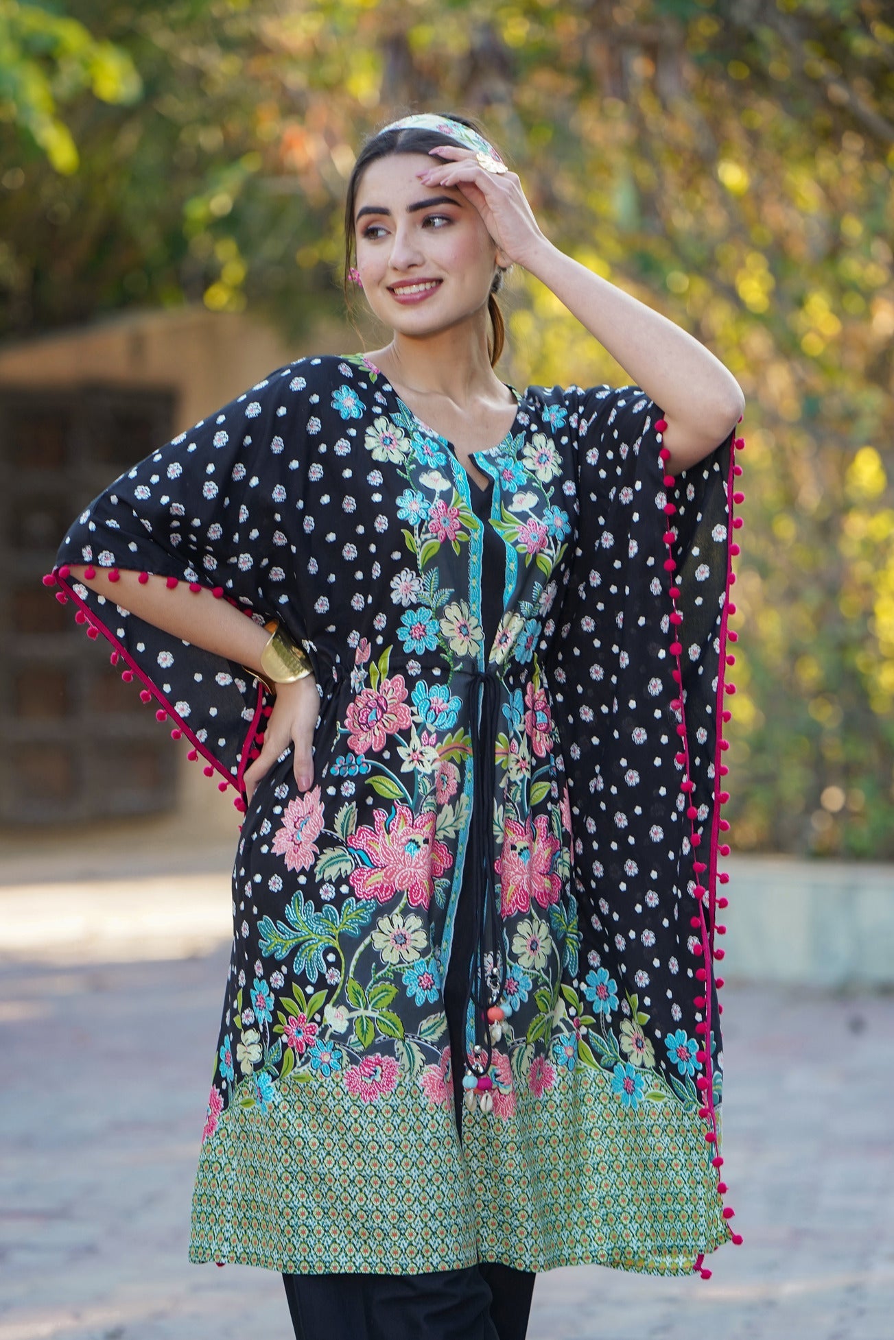 Women's Black Rayon Printed Straight Kaftan