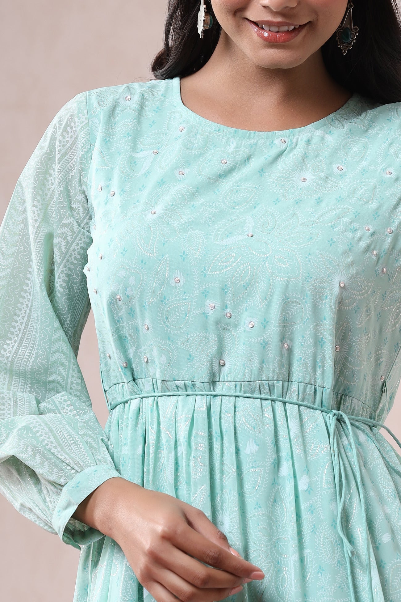 Women's Mint Georgette Printed Tiered Dress