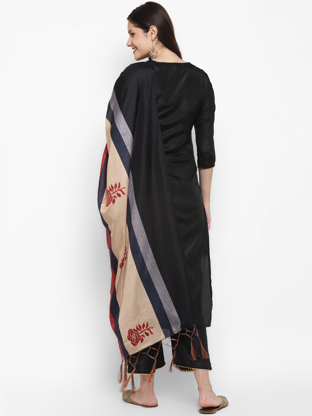Women's Black Color Silk Blend Straight Kurta Palazzo With Dupatta