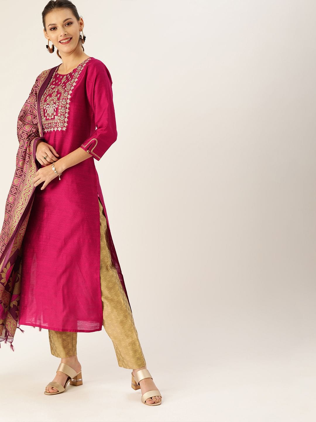 Women's Magenta & Beige Embroidered Straight Kurta