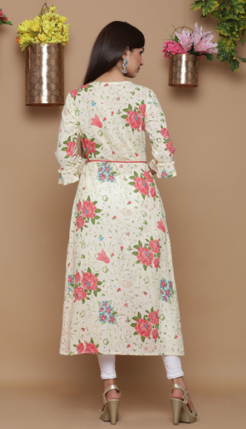 Women's Beige Rayon Embroidered Jacket Style Kurta