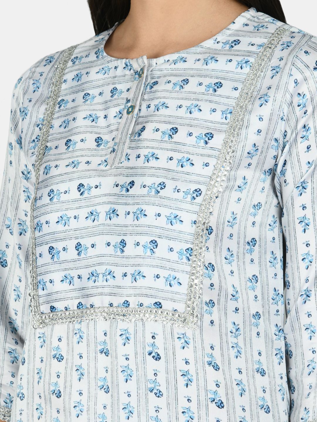Women's Blue Silk Printed 3/4 Sleeve Round Neck Casual Kurta Palazzo Dupatta Set