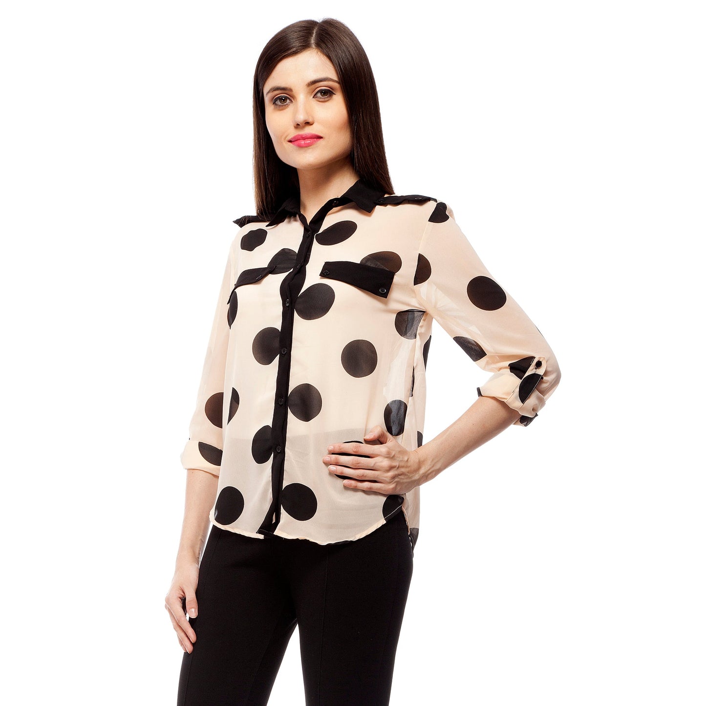 Women's Peach & Black Polyester Polka Shirt
