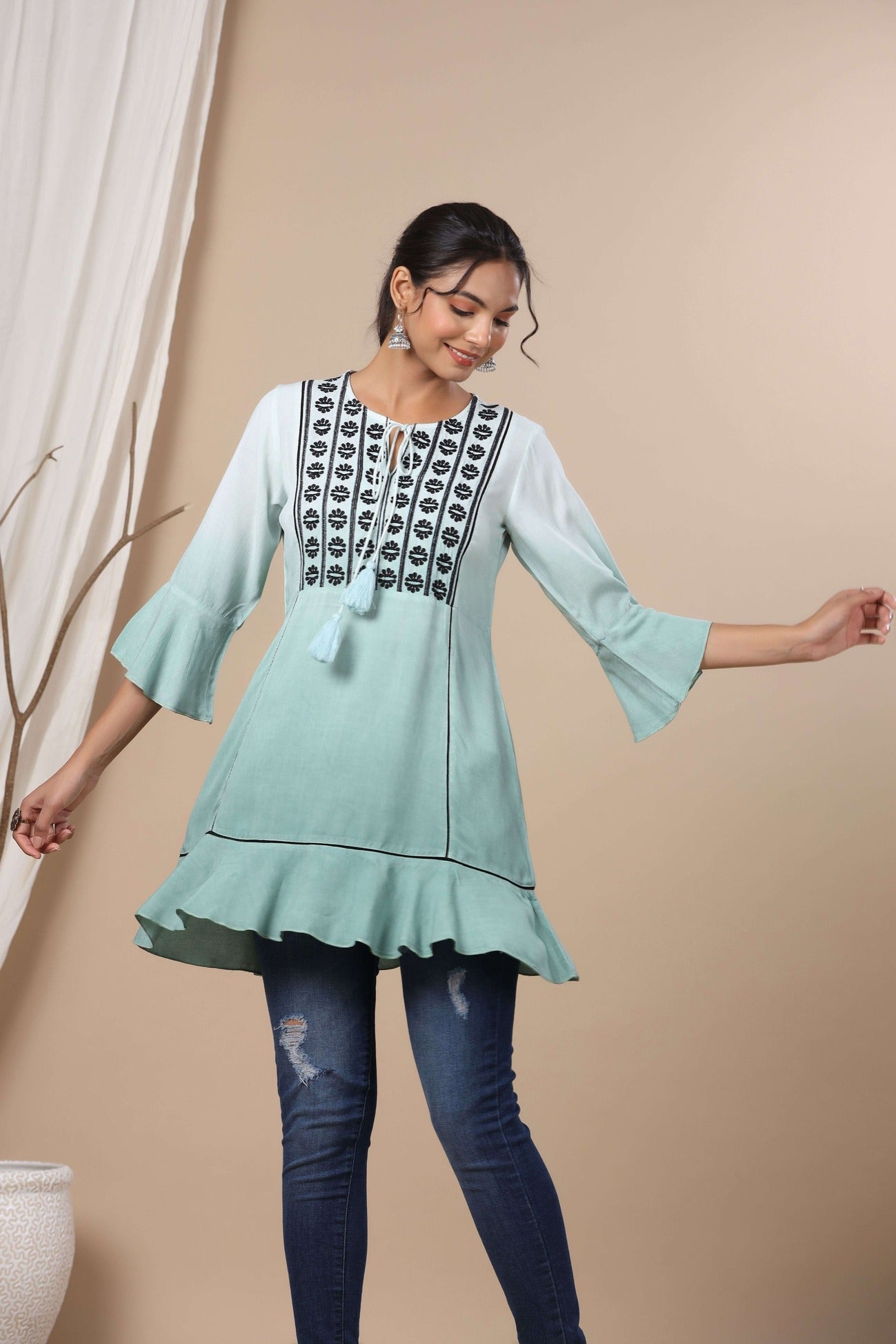 Women's Sage Green Rayon Festive Embroidered Tiered Tunic For Women