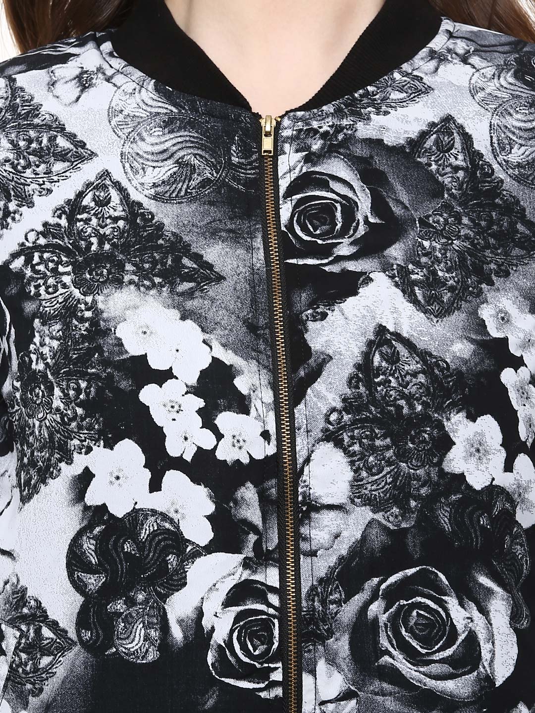 Women's Black Floral Print Bomber Jacket