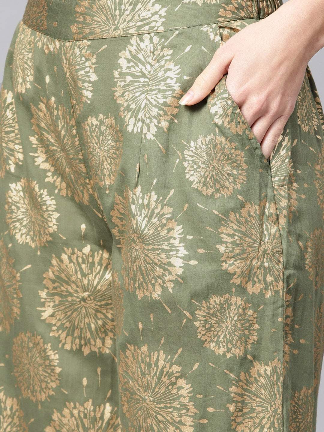 Women's Olive Green & Golden Block Print Kurta with Palazzos