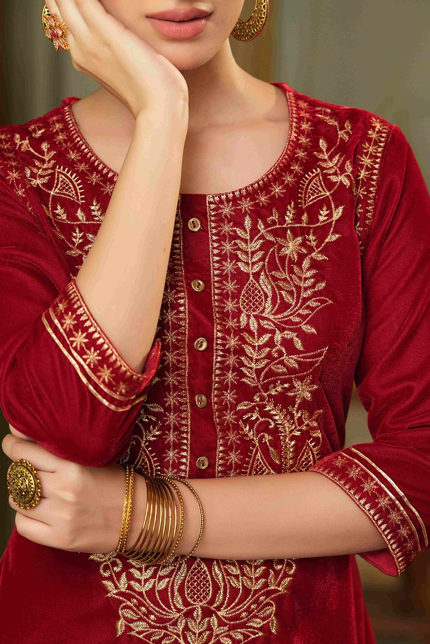 Women's Maroon Velvet Festive Solid Straight Kurta