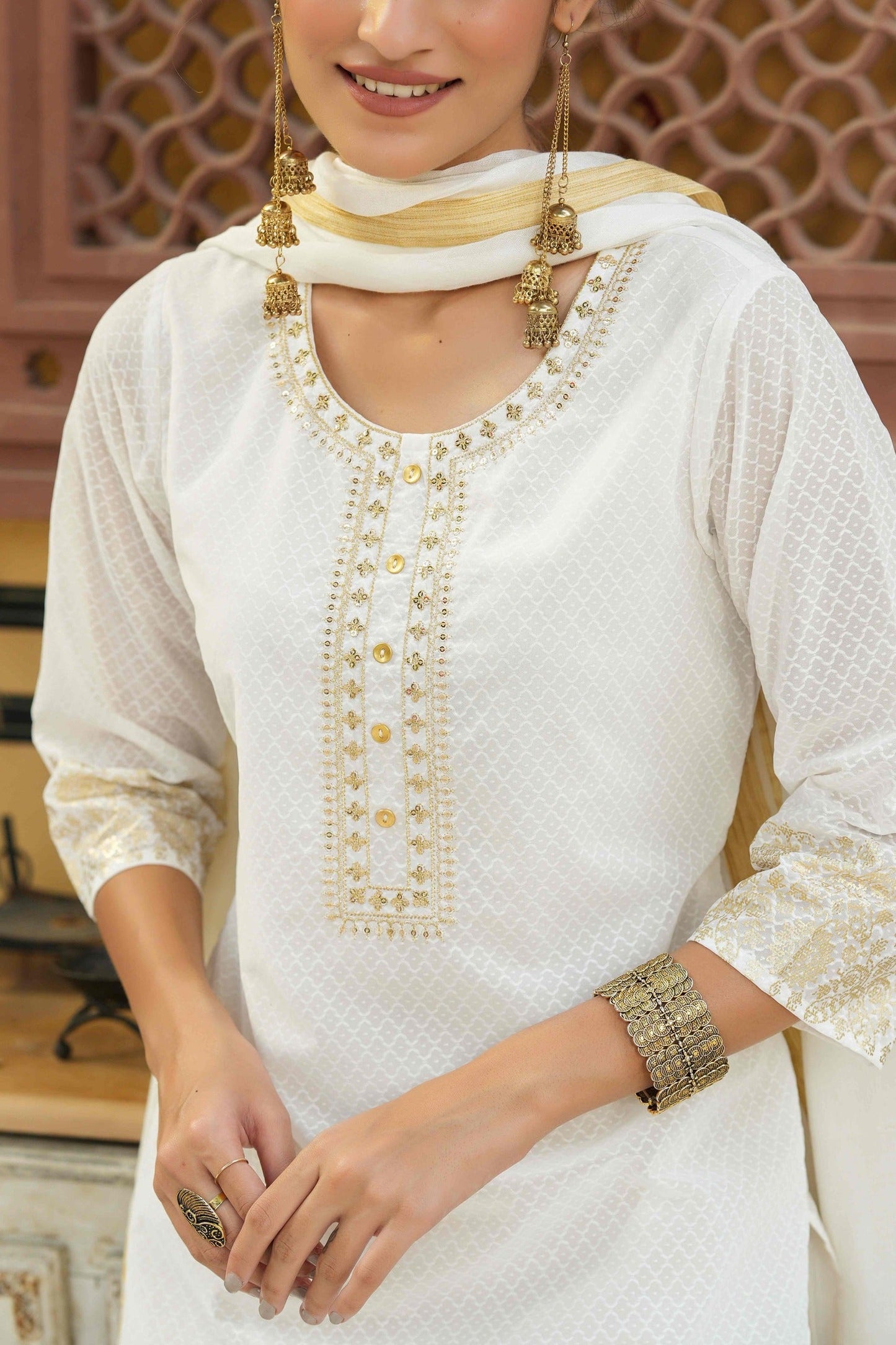 Women's Beige Chanderi Festive Embroidered Printed Flared Kurta For Women
