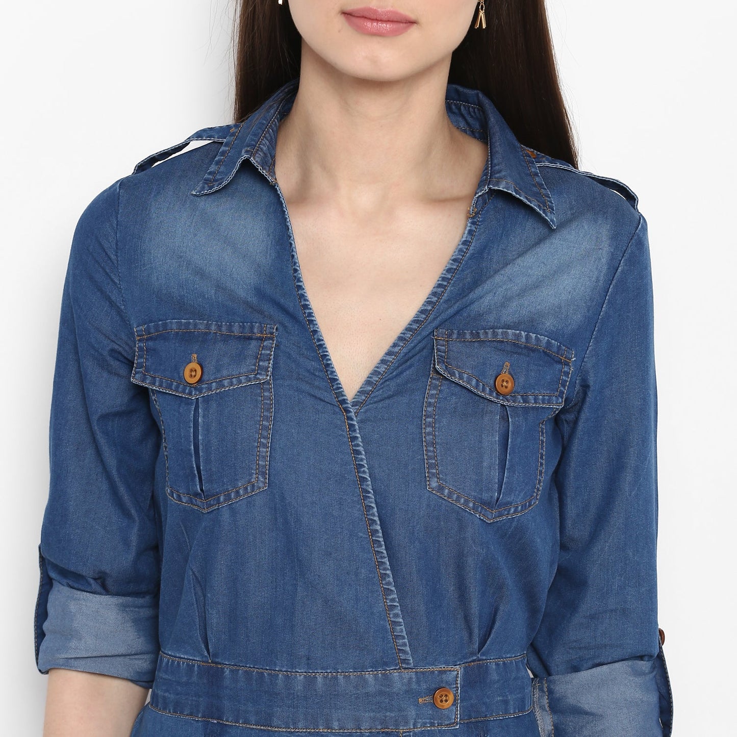 Women's Denim Knee Length Dress with Buttons
