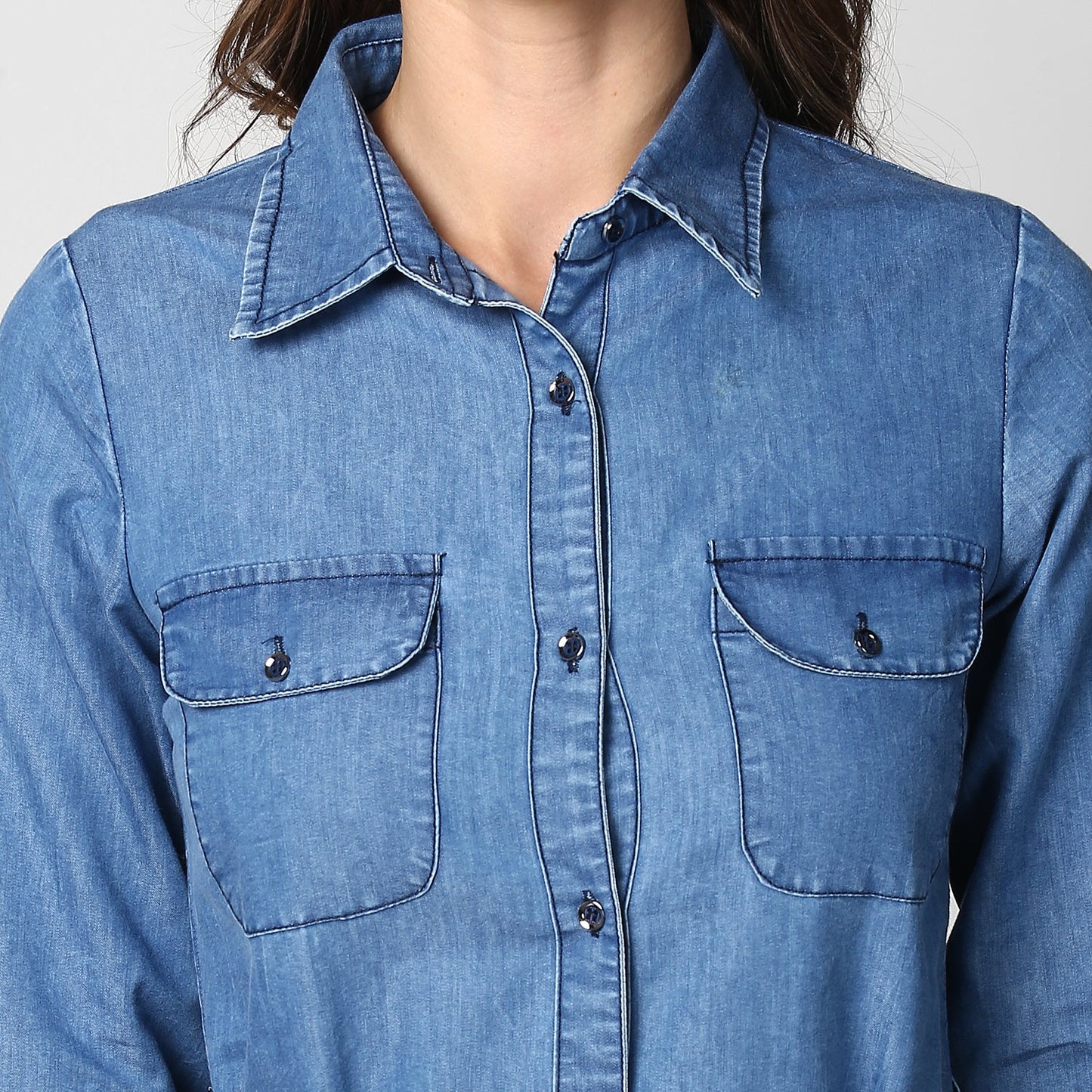 Women's Blue Denim Double Pocket Double Flap Dress