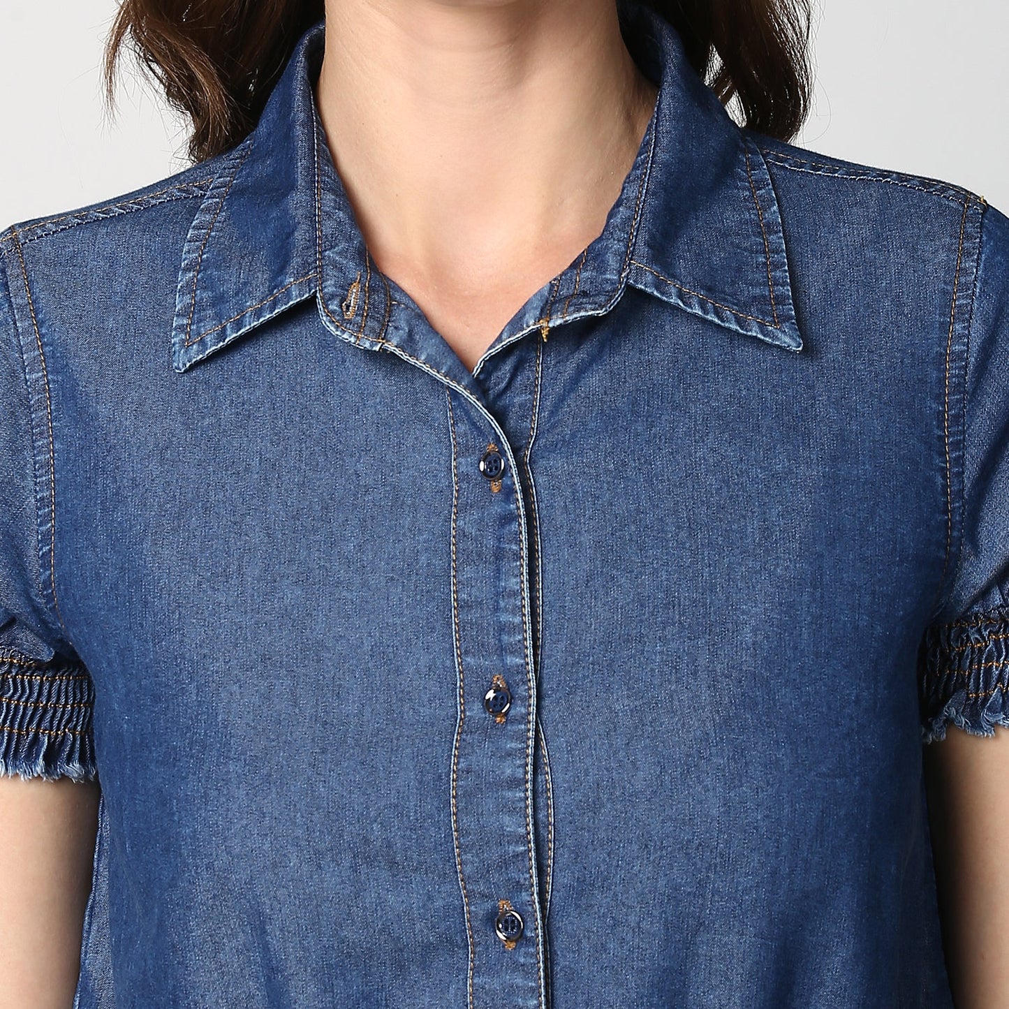 Women's Navy Blue Denim Peplum Top cum Shirt with elasticated waistband