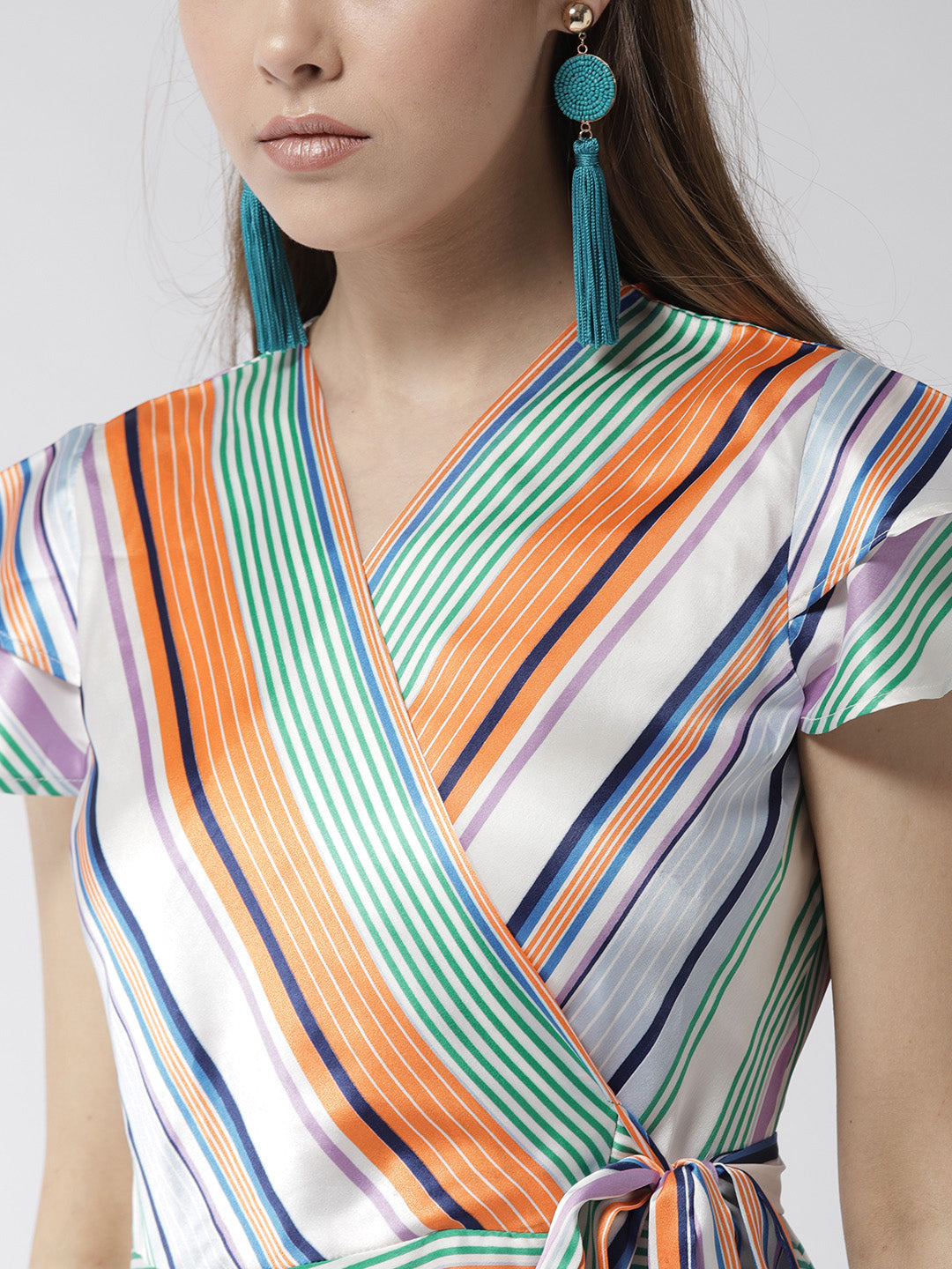 Women's Satin Stripe Print Wrap Dress
