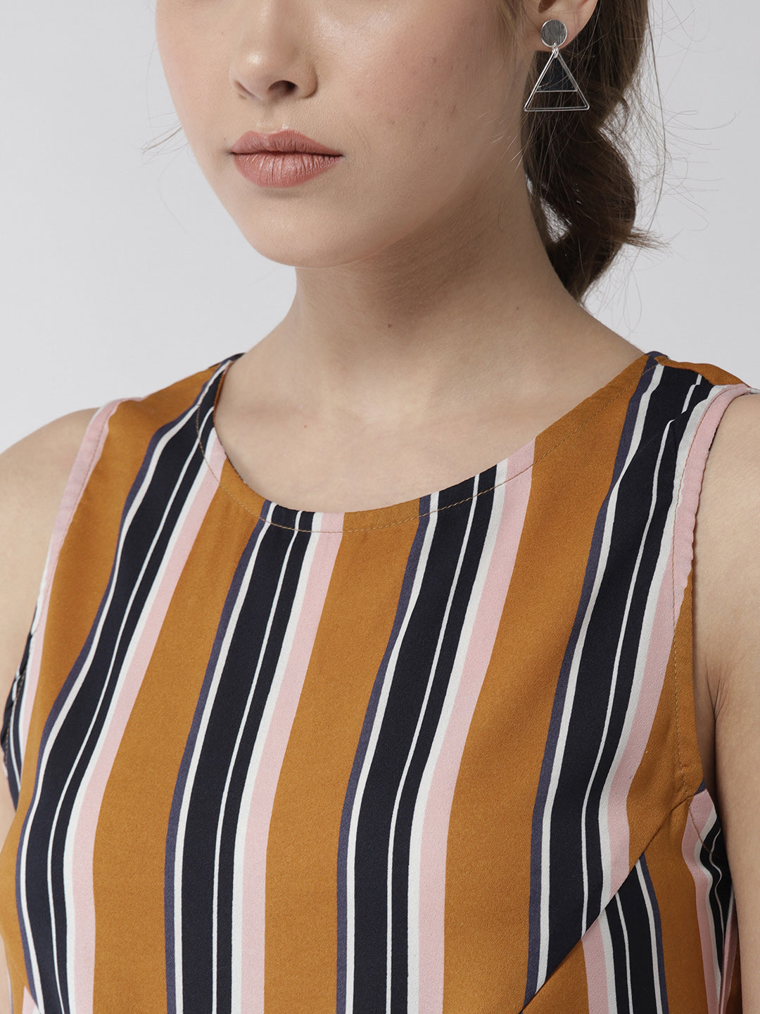 Women's Satin Stripe Print Front Gather Dress