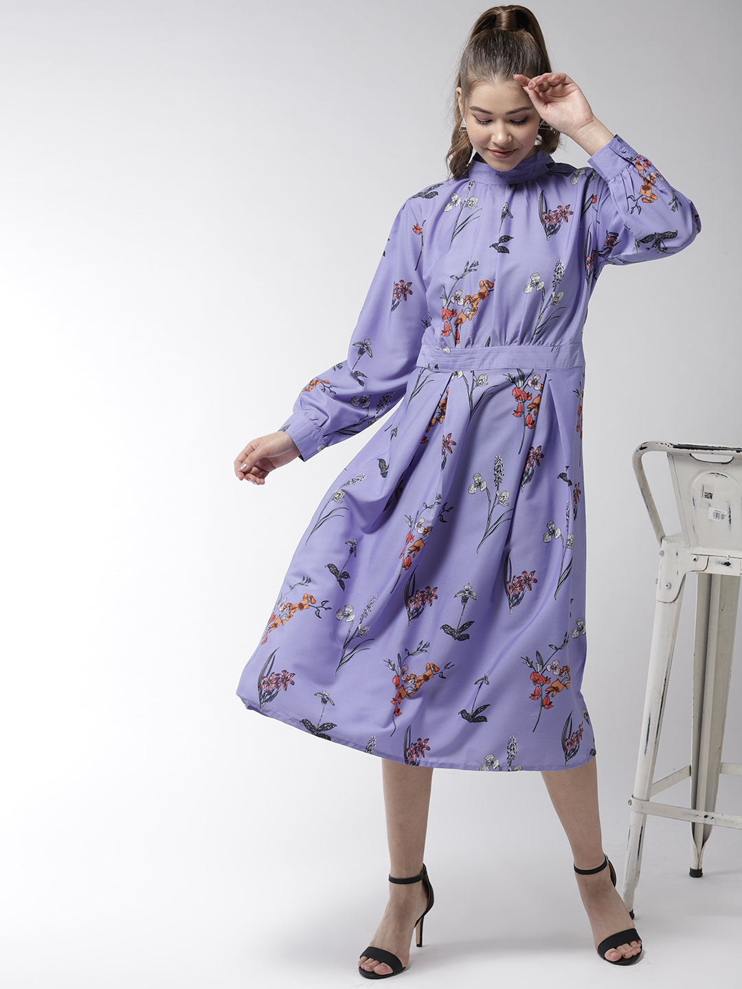 Women's Lavender Satin Floral Print Midi Dress
