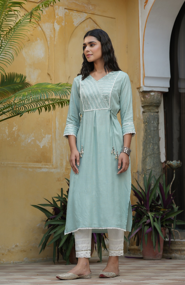 Women's Mint Blue Rayon Slub Solid Embroidered Stright Kurta
