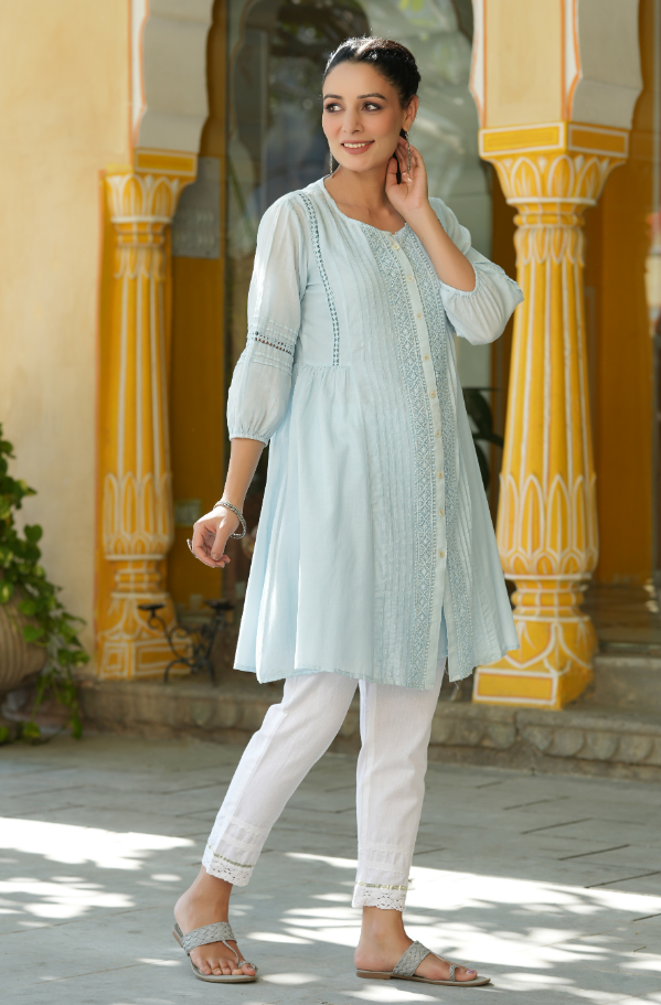 Women's Sky Blue Cotton Silk Solid A-Line Kurta