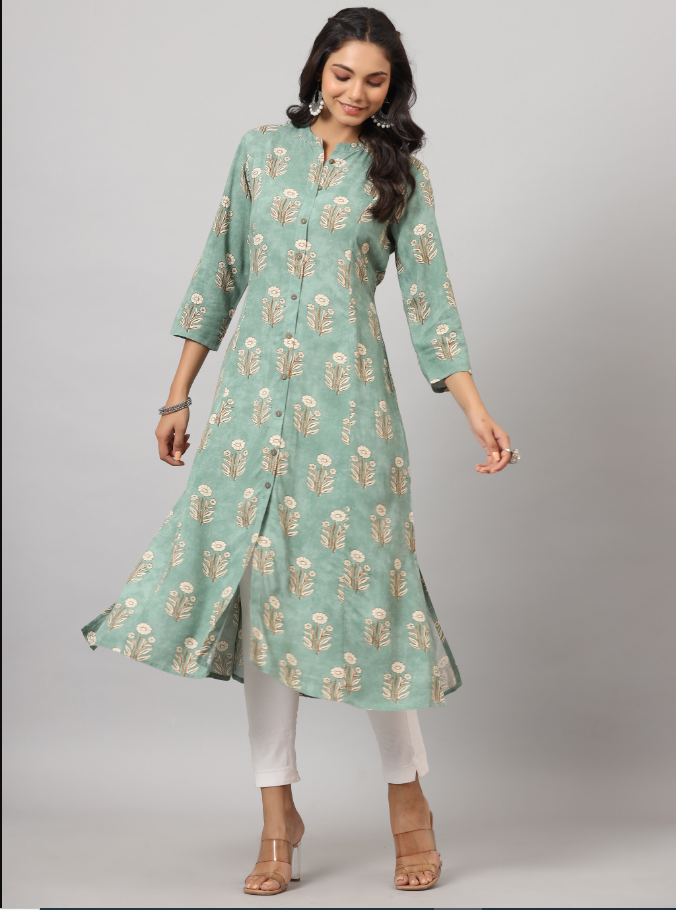 Women's Green Printed A-Line Kurta