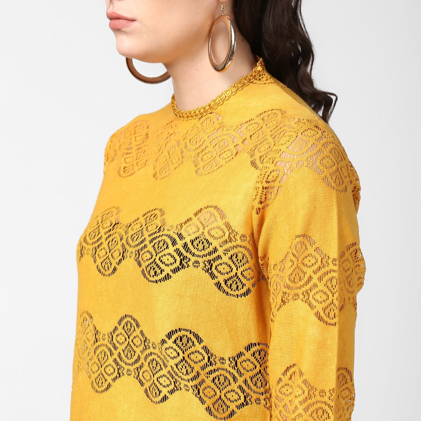 Women's Mustard Yellow Self Detail Lace Top