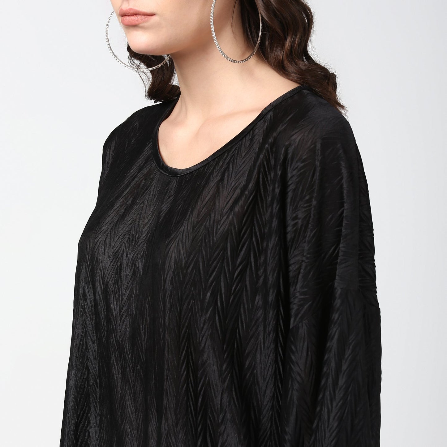 Women's Satin Black V Pleat Detail Top
