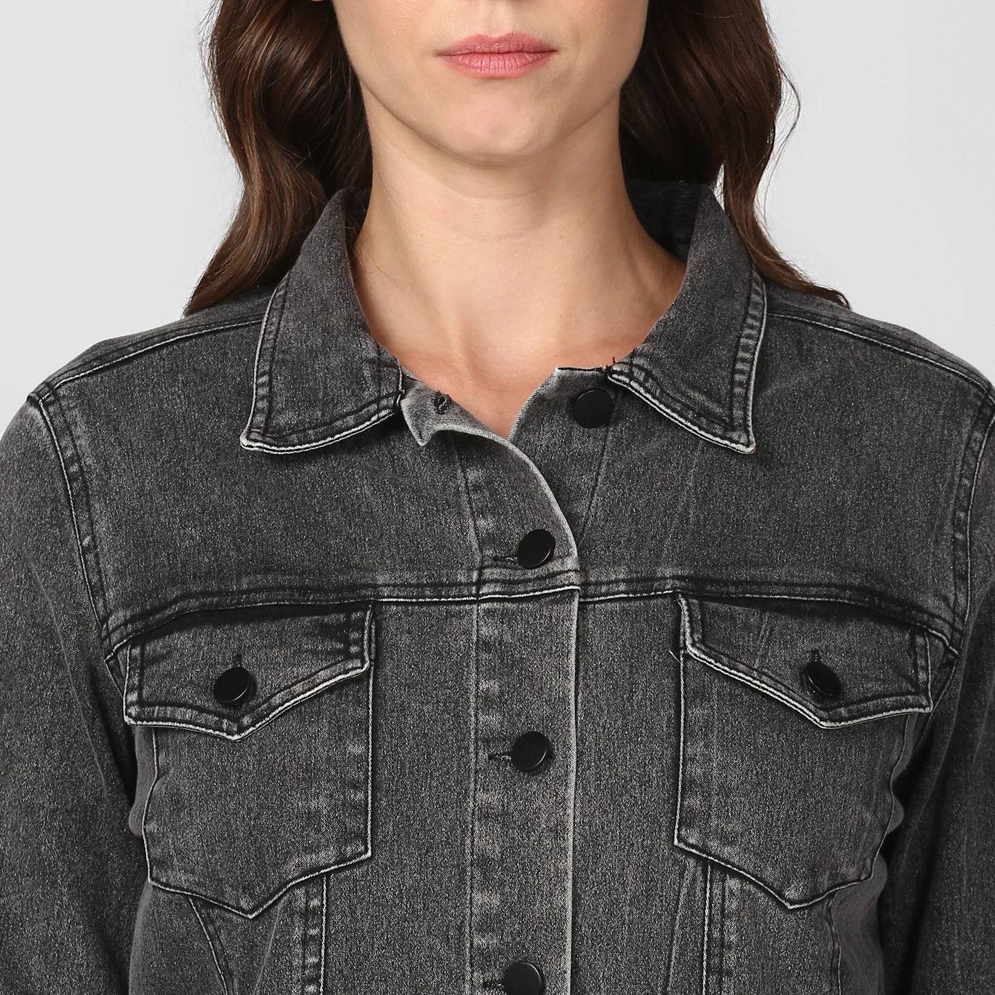 Women's Grey Long Overcoat Style Denim Jacket with Washed effect