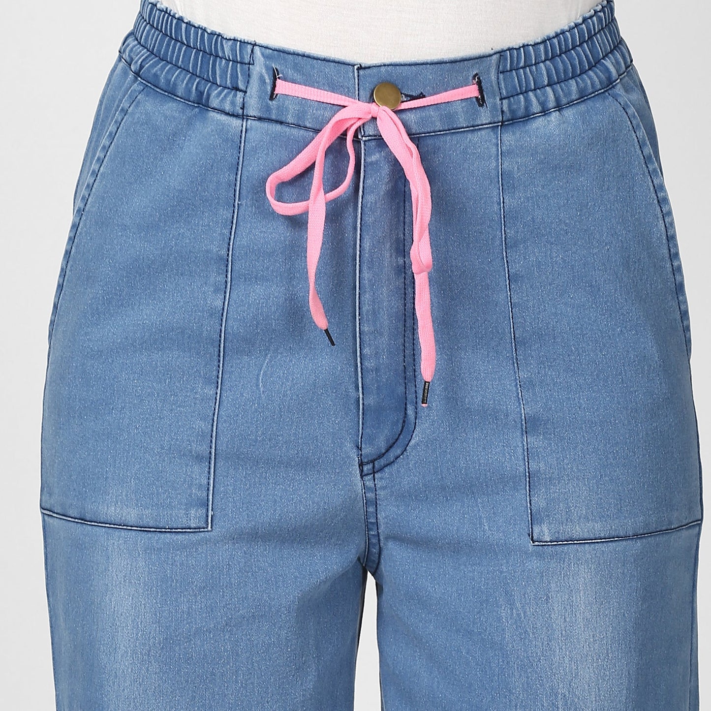 Women's Blue Denim Joggers with Pink Drawstring