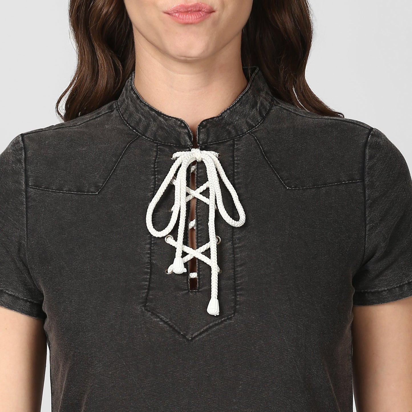 Women's Black Denim Dress with White Drawstring