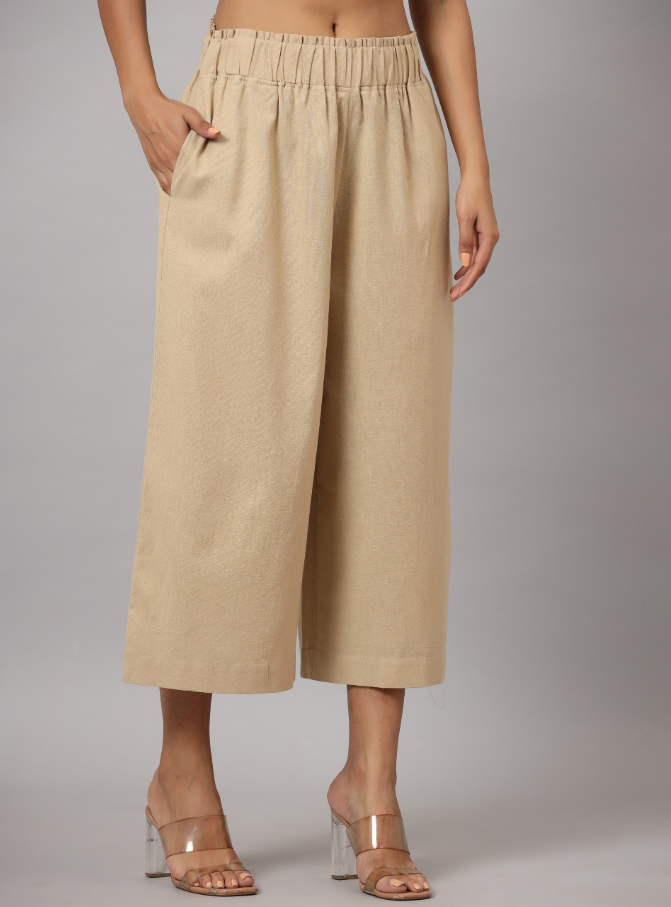 Women's Beige Cotton Flex Flared Culottes