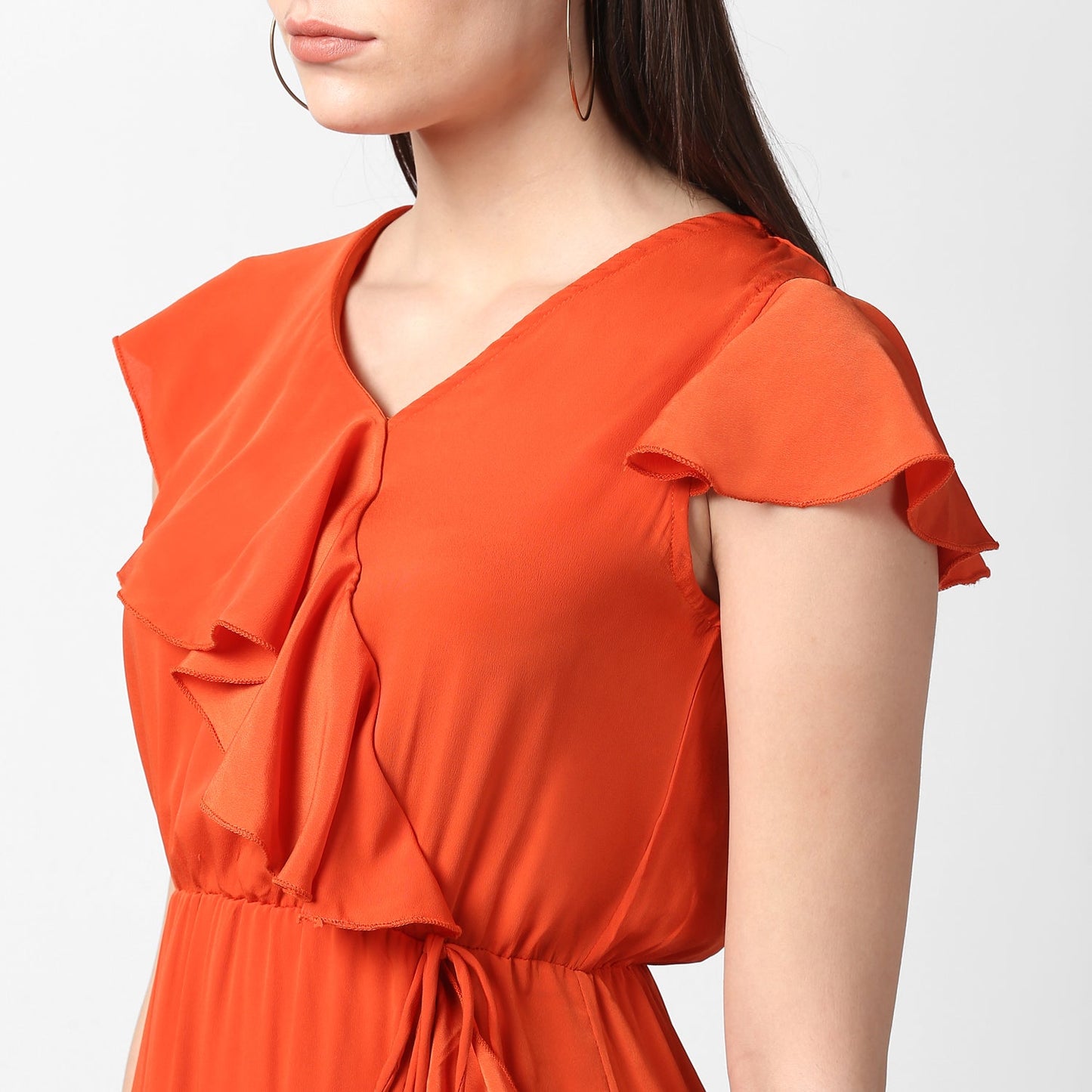 Women's Orange Front Ruffle Dress