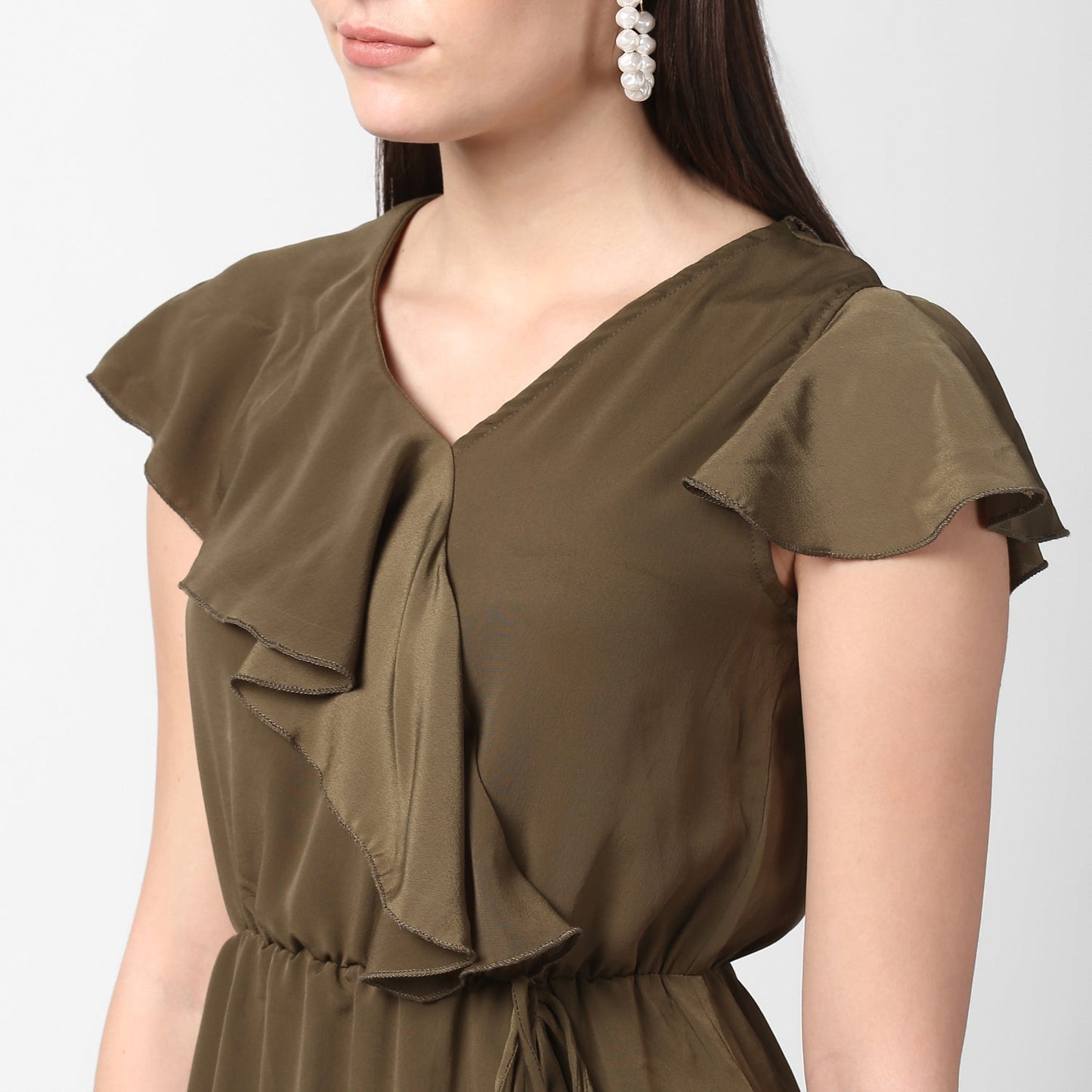 Women's Olive Front Ruffle Dress