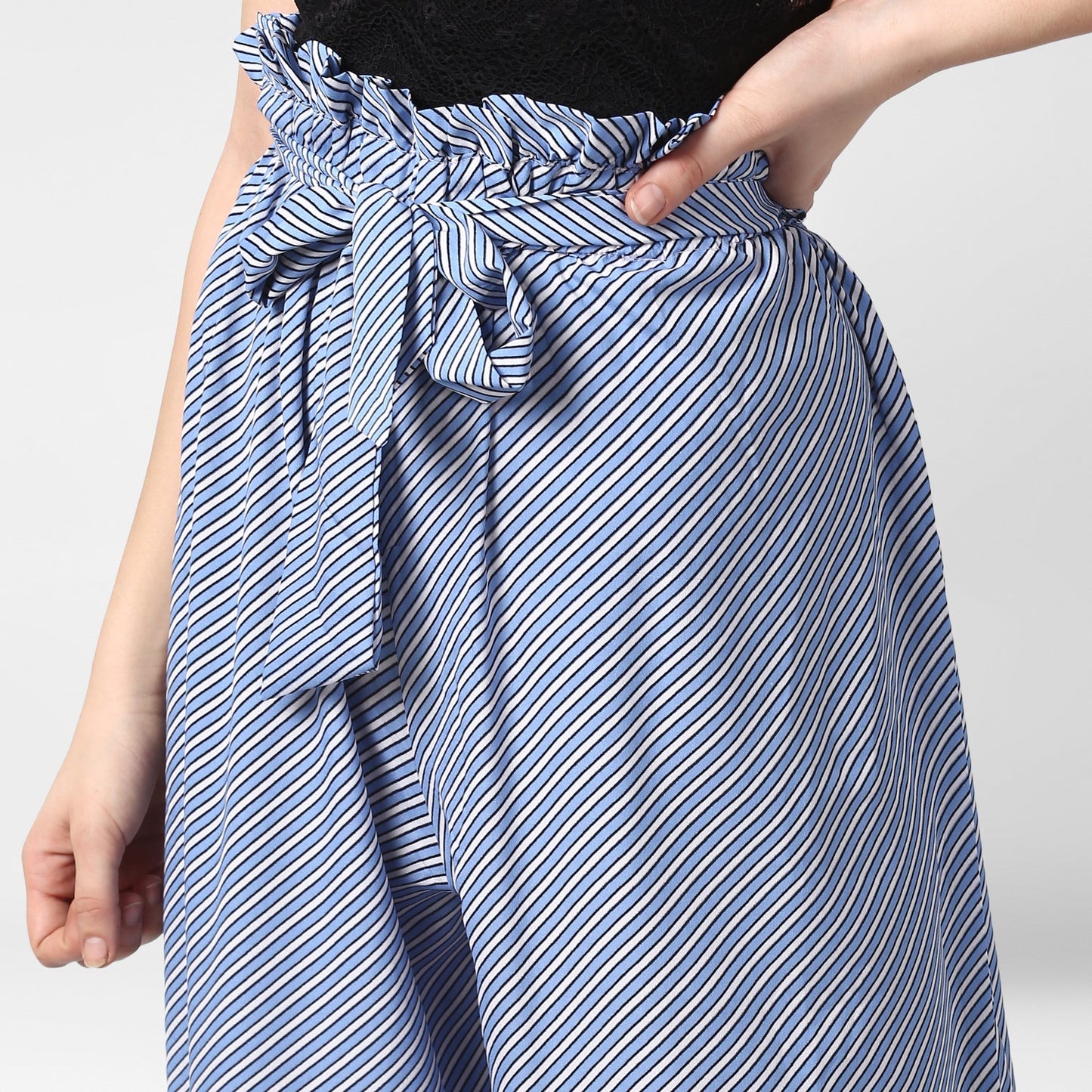 Women's Blue Stripe Paperbag Pants with elasticated waistband