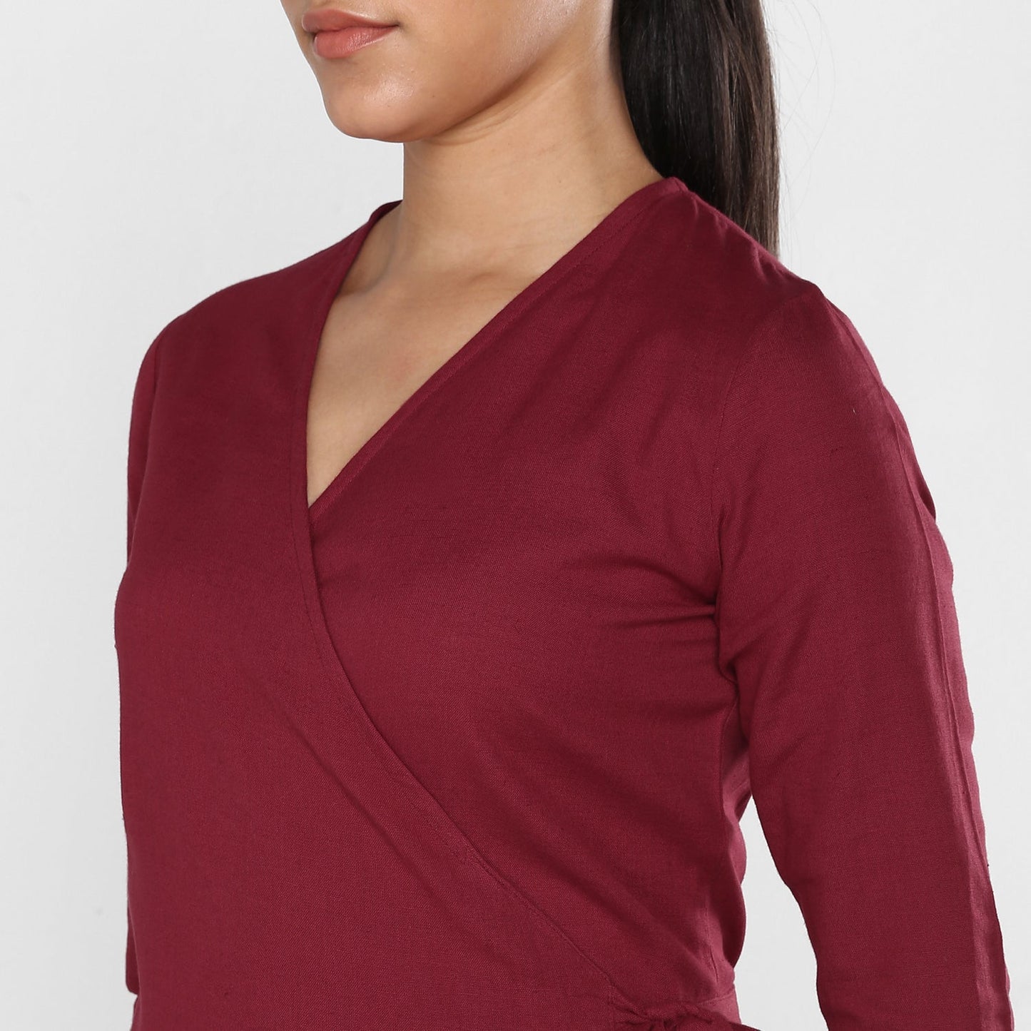 Women's Maroon Cotton Linen Wrap Dress